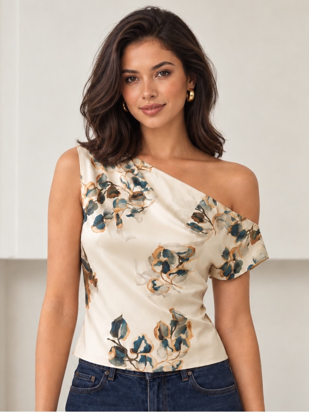 COMMENSE Floral Satin One Shoulder Tie Waist Top Medium
